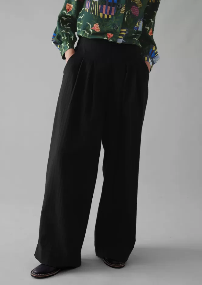 Store Corinne Wool Cotton Herringbone Wide Leg Trousers Women Trousers
